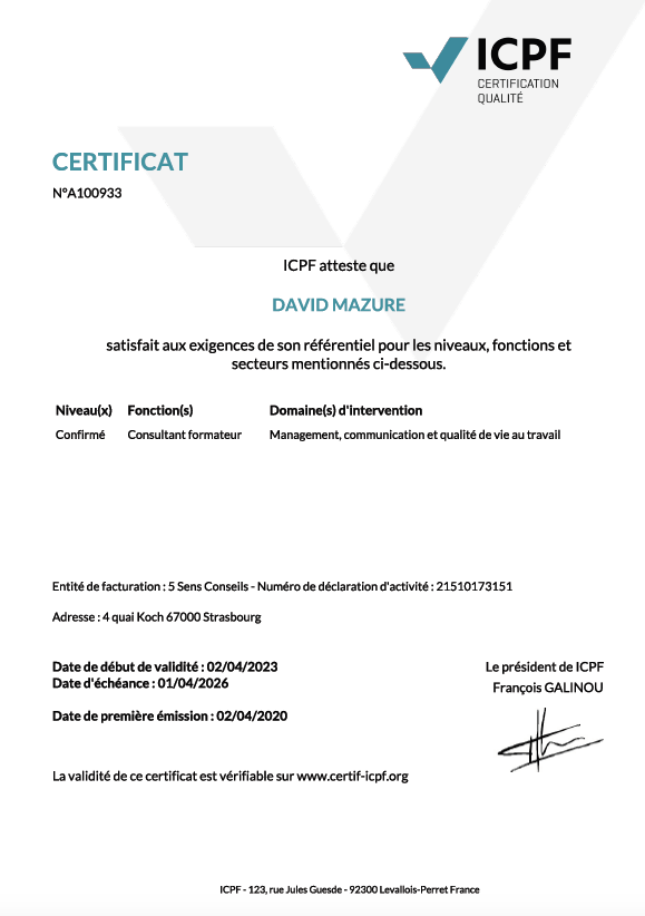 Certificat ICPF PRO n°A100933 de David Mazure Certifié comme consultant formateur confirmé dans les domaines du management, de la communication et de la qualité de vie au travail